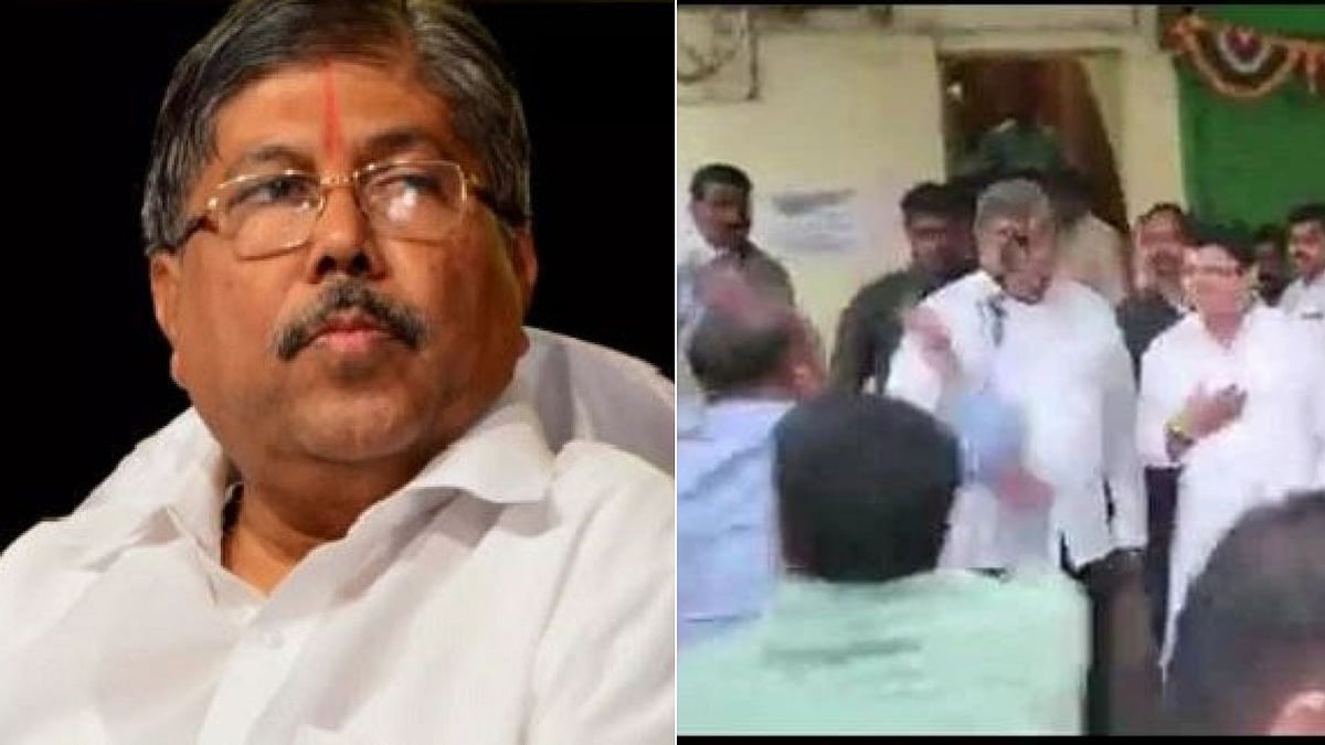 Maharashtra minister Chandrakant Patil (left) and screengrab of the video of ink being thrown at him.  | 