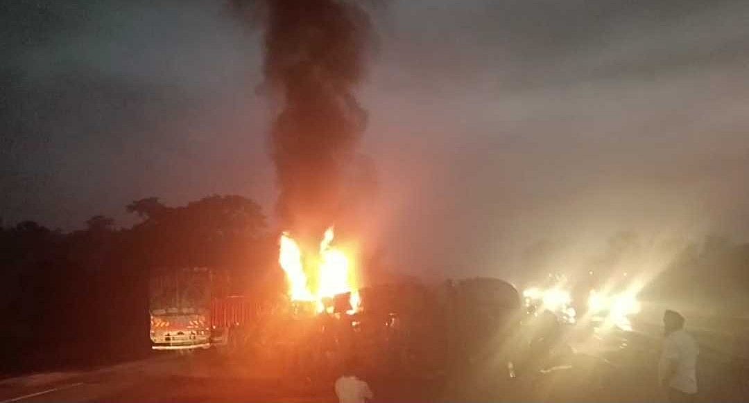 Palghar: Chemical tanker on Mumbai-Ahmedabad highway catches fire; dramatic visuals surface