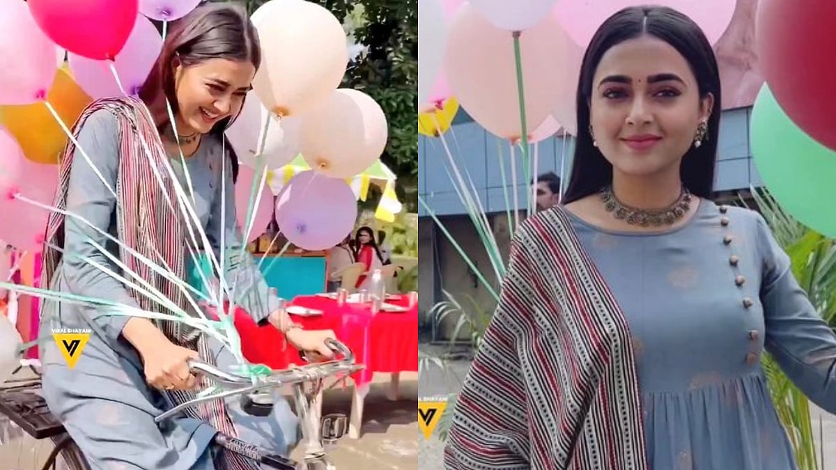 Watch: Tejasswi Prakash rides balloon seller's cycle amid shoot in Mumbai