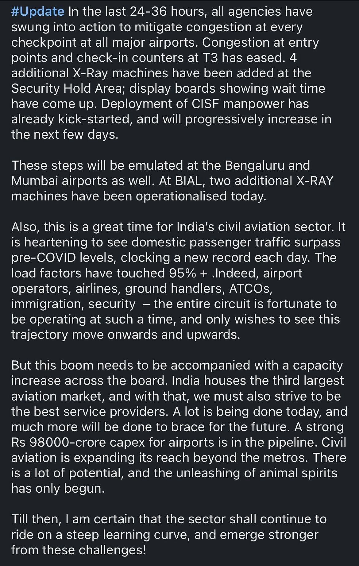Scindia's LinkedIn statement on airport congestion