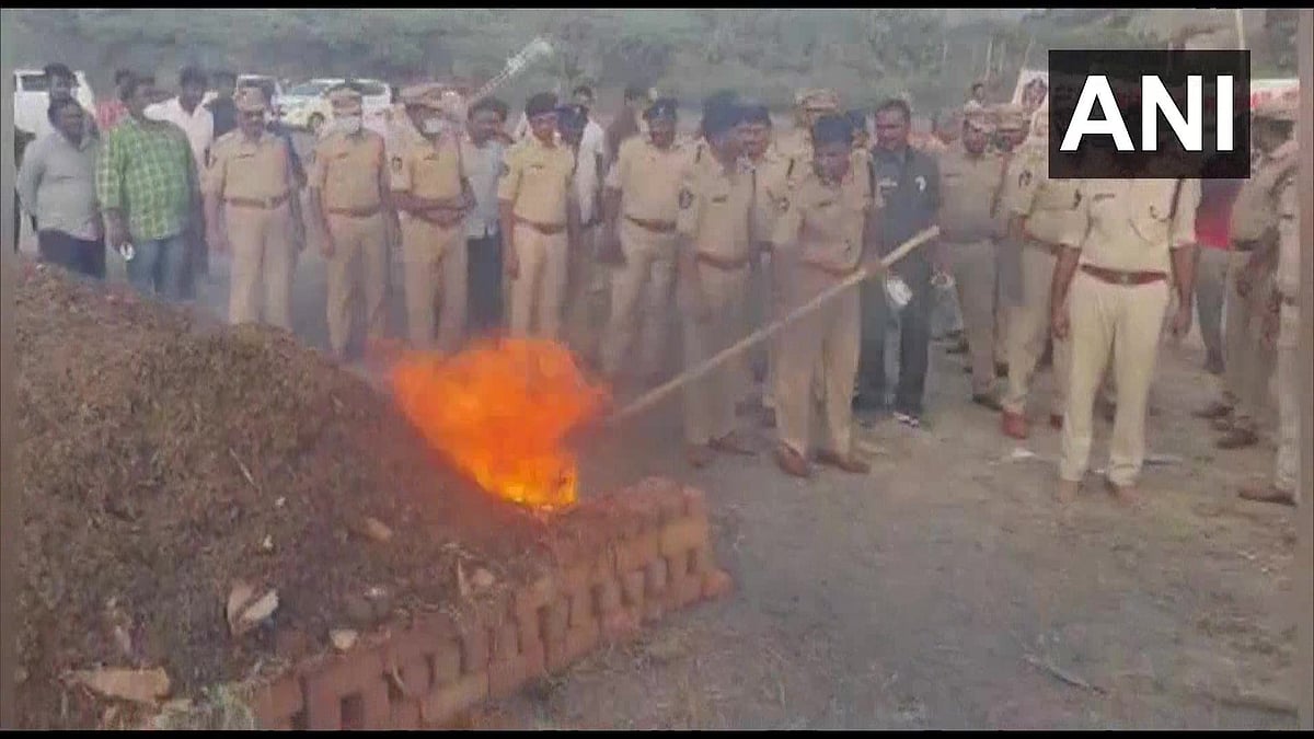 Andhra Pradesh: Police burns 14,000 kg of ganja seized in various cases during last 30 years