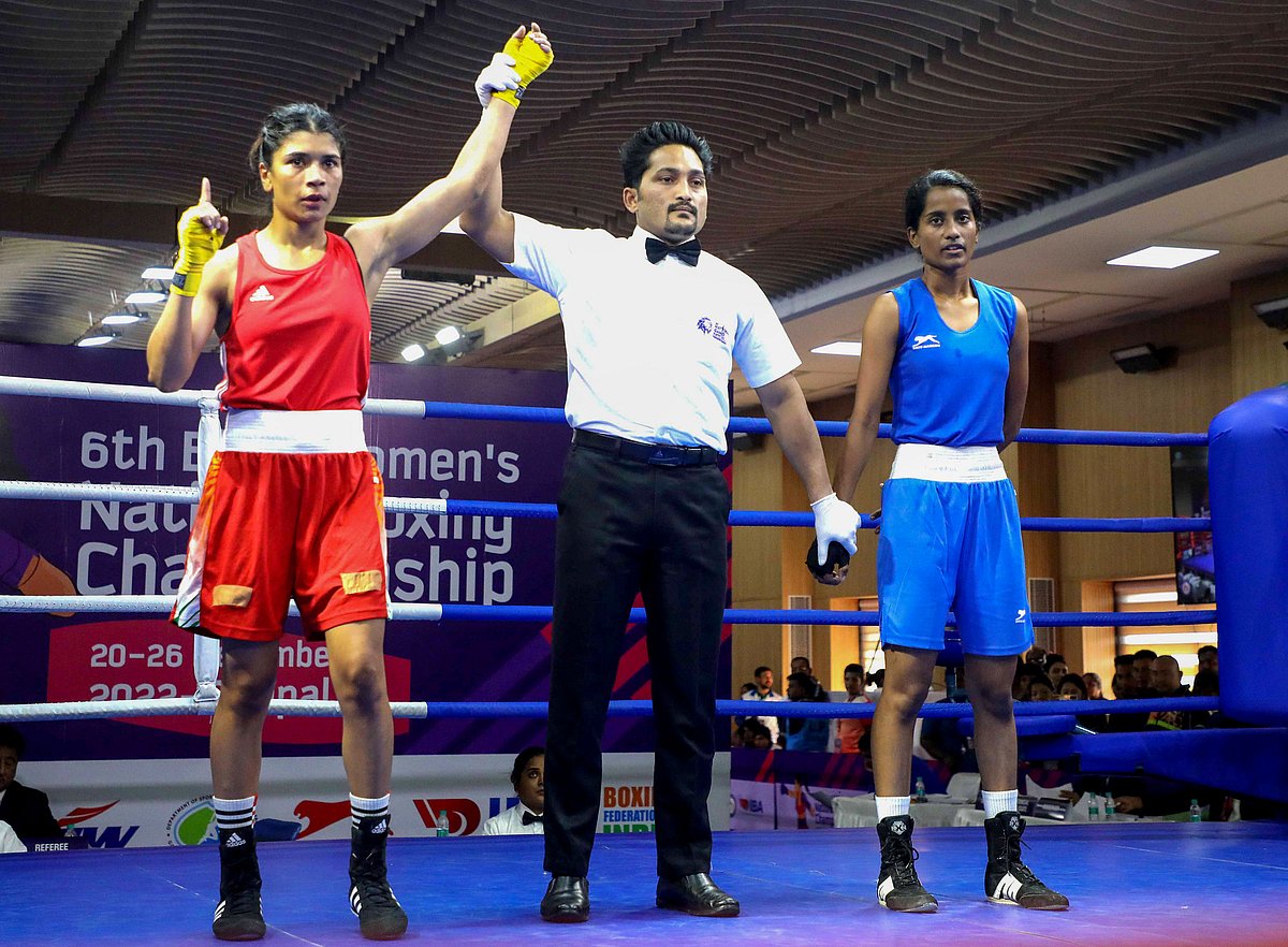 Bhopal: Referee raises the hand of boxer Nikhat Zareen as she wins her match against LK Abinaya during the 6th Elite Women National Boxing Championship 2022, at TT Stadium on Tuesday