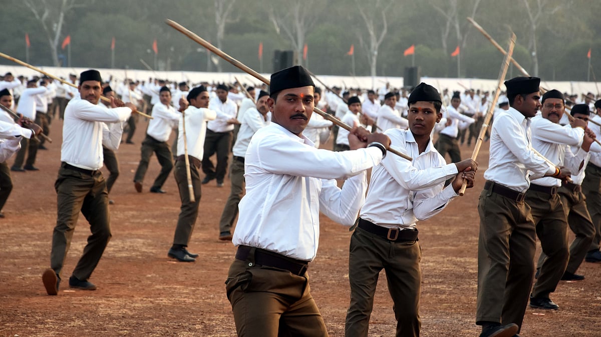 RSS members participate at RSS Prakat-Utsav at Lal Parade Ground on Sunday