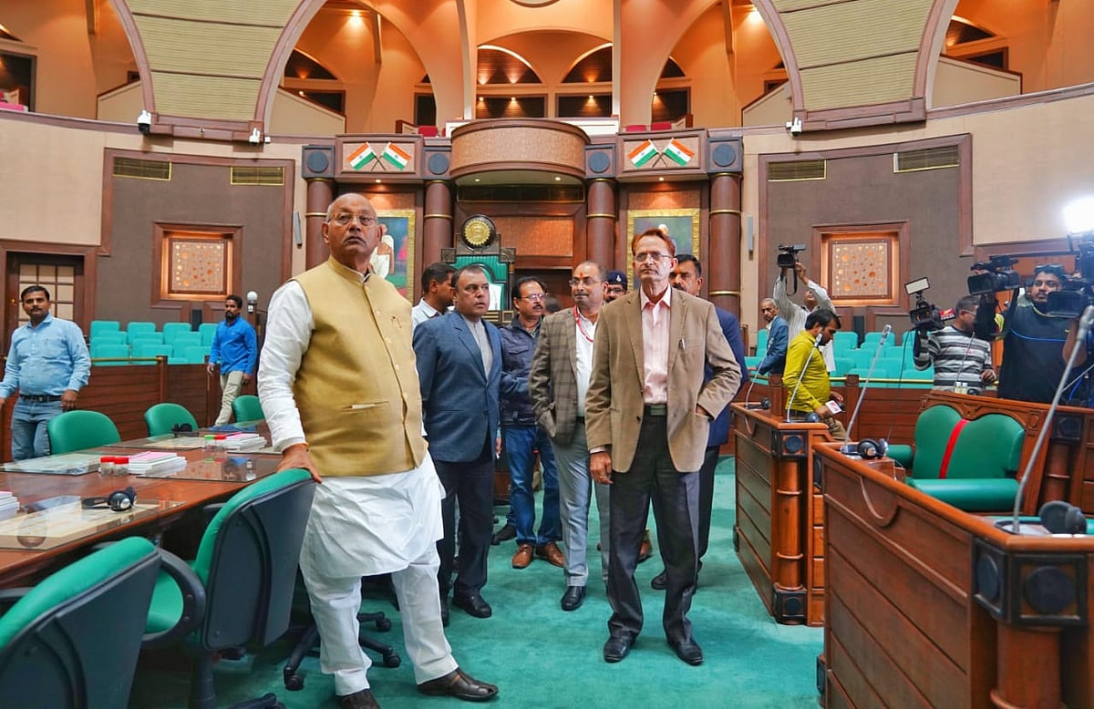 Assembly Speaker Girish Gautam taking stock of the arrangements at the Assembly on Sunday