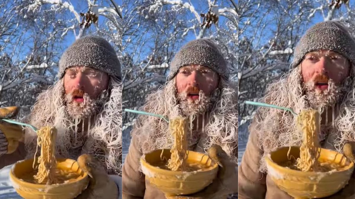 Watch: Man in extreme cold weather with a bowl of noodles which freezes mid-air