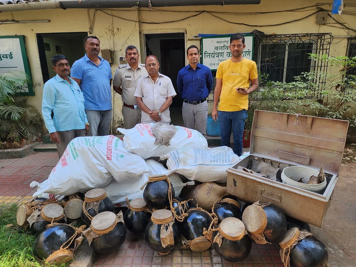 Police with the seized skins of monitor lizard  | 