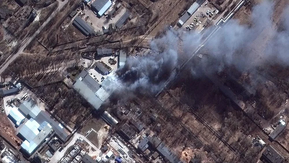 This satellite image provided by Maxar Technologies shows a closeup view of fires in an industrial area and nearby fields in southern Chernihiv, Ukraine, during the Russian invasion | AP