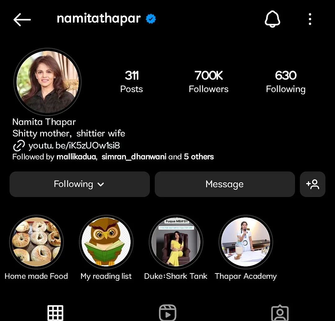 Screen shot of Namita Thapar's Instagram bio