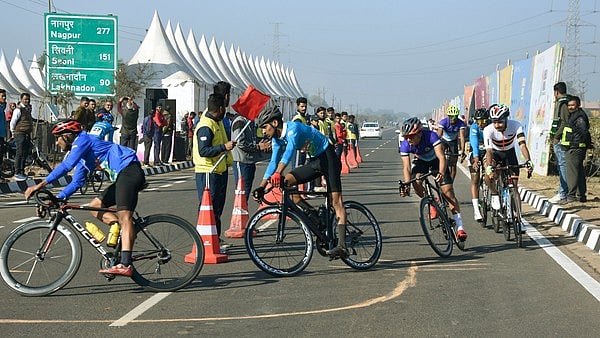 Cyclists in action in 100 km event of the Road Cycling held in Jabalpur (MP)