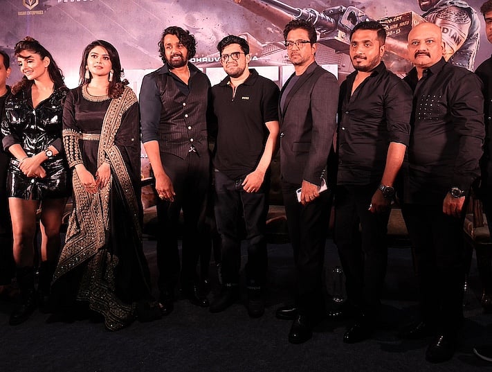 (r-l) Uday K Mehta, AP Arjun, Arjun Sarja,, Dhruva Sarja, Vaibhavi Shandilya, Anveshi Jain