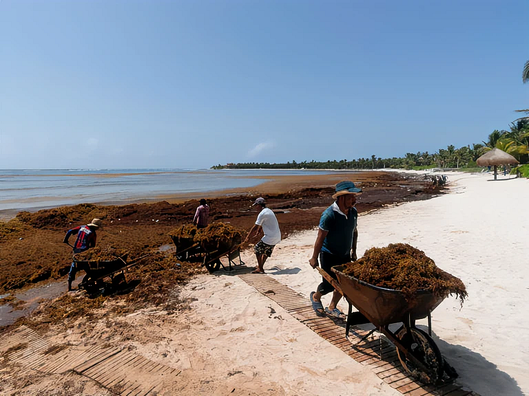 Workers clean up the beach