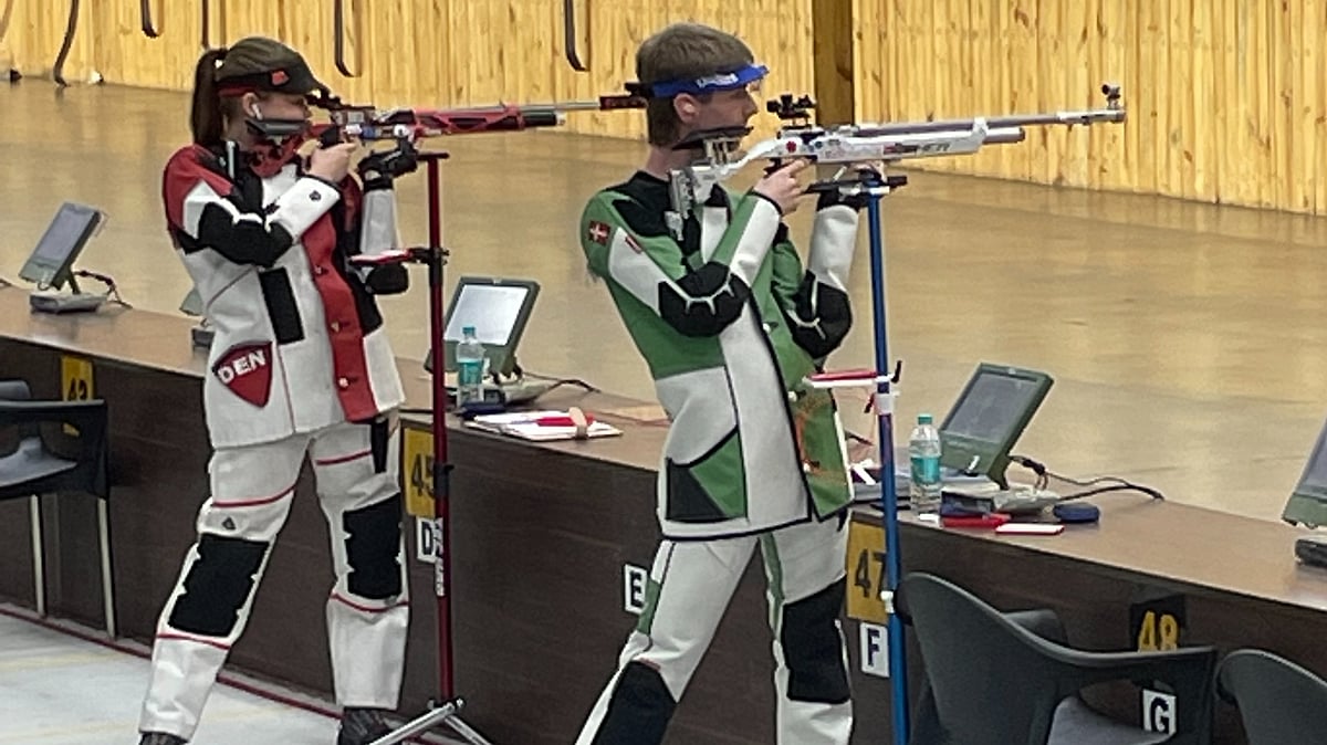 Danish shooters in unofficial practice at the M.P. State Academy Shooting range in Bhopal, Madhya Pradesh on Sunday, March 19, 2023.