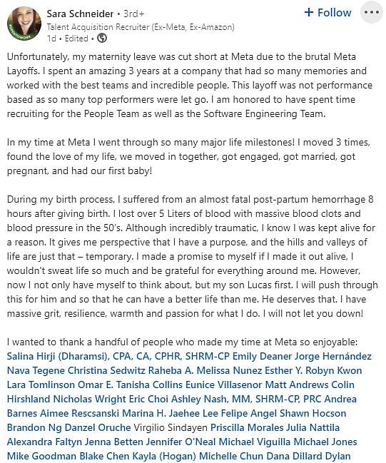 Sara Schneider's LinkedIn post