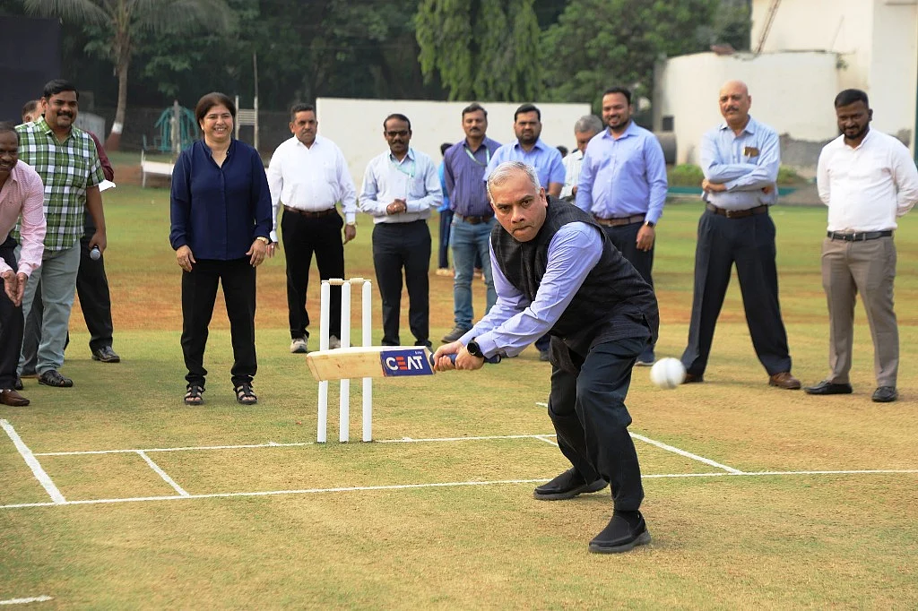 RCF CMD Shriniwas C. Mudgrikar RCF shows his batting skills to mark the opening of the RCF T20 Cricket Tournament for the Dr. Babasaheb Ambedkar Cup 2023.