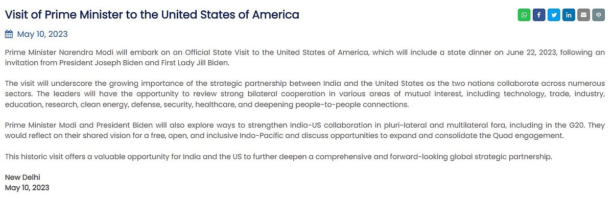 Statement from Ministry of External Affairs