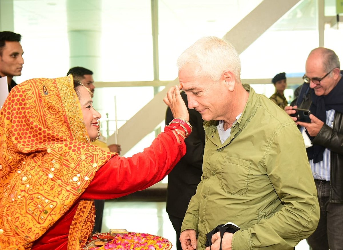 G 20 delegates being welcomed at  Jollygrant Airport in Uttarakhand.