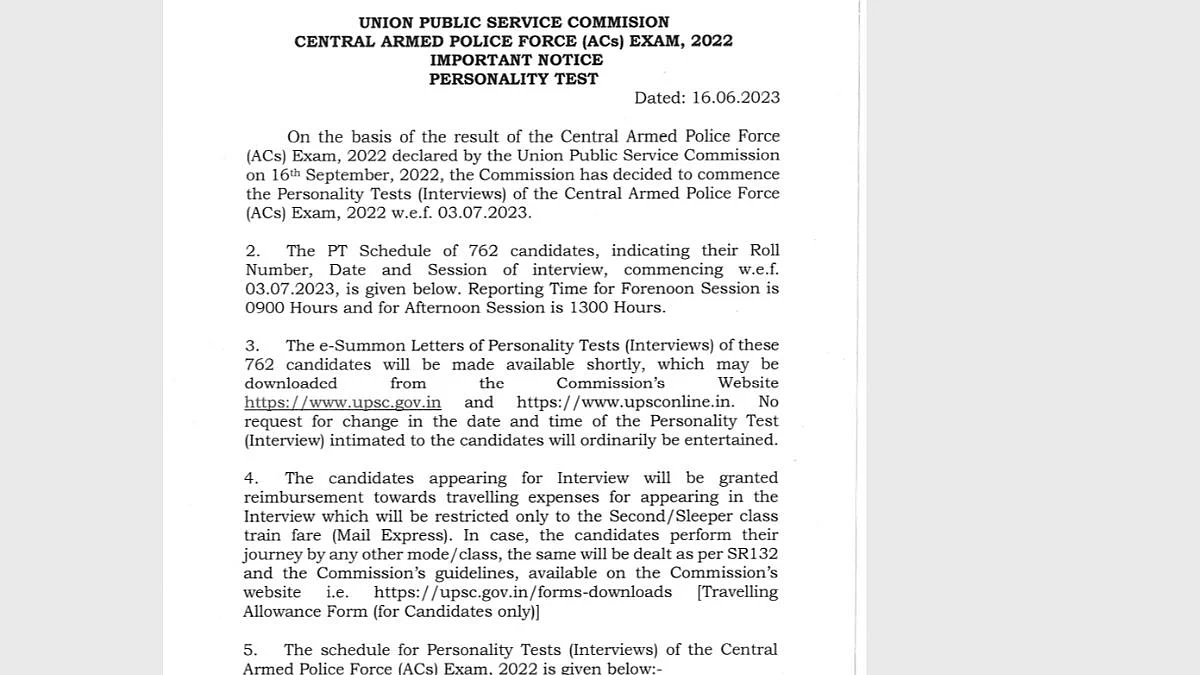 UPSC CAPF Exam 2022 Interview schedule