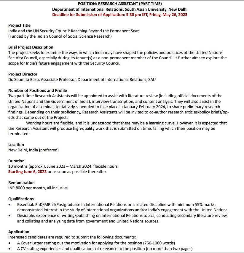 Notification for the Post of Research Assistant by the  South Asian University.
