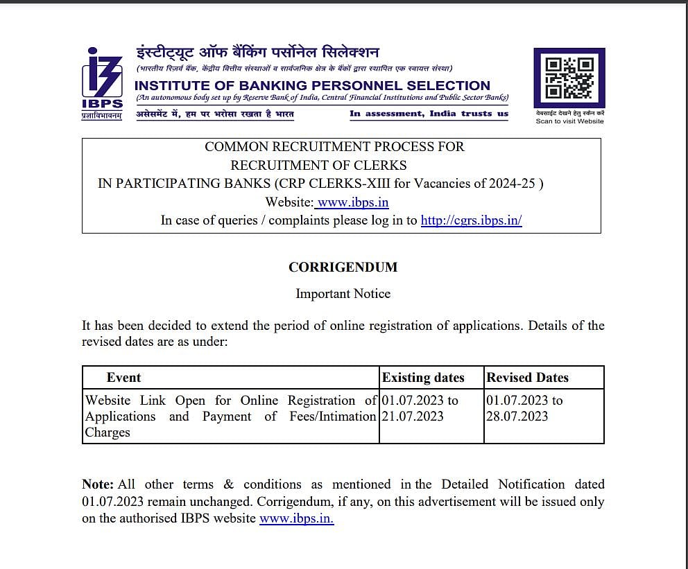 Notification by IBPS to extend deadline