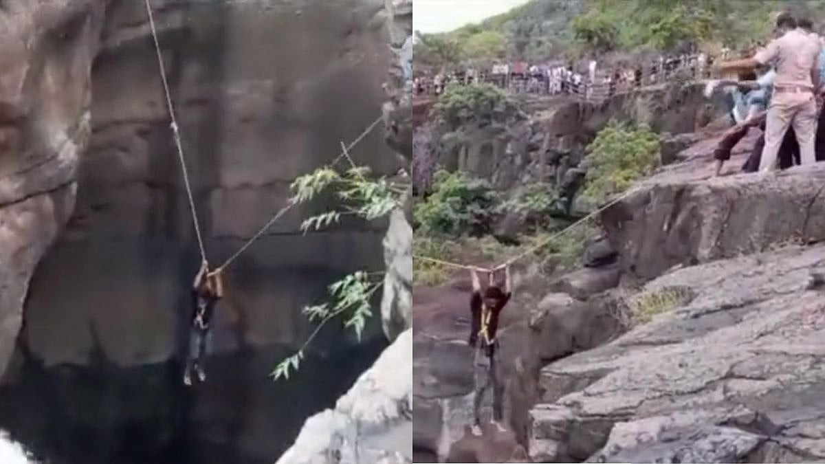 Maharashtra: Man Falls Into Saptakund Waterfalls At Ajanta Caves While Clicking Selfie; Rescue Video Goes Viral | Twitter/ Screengrab
