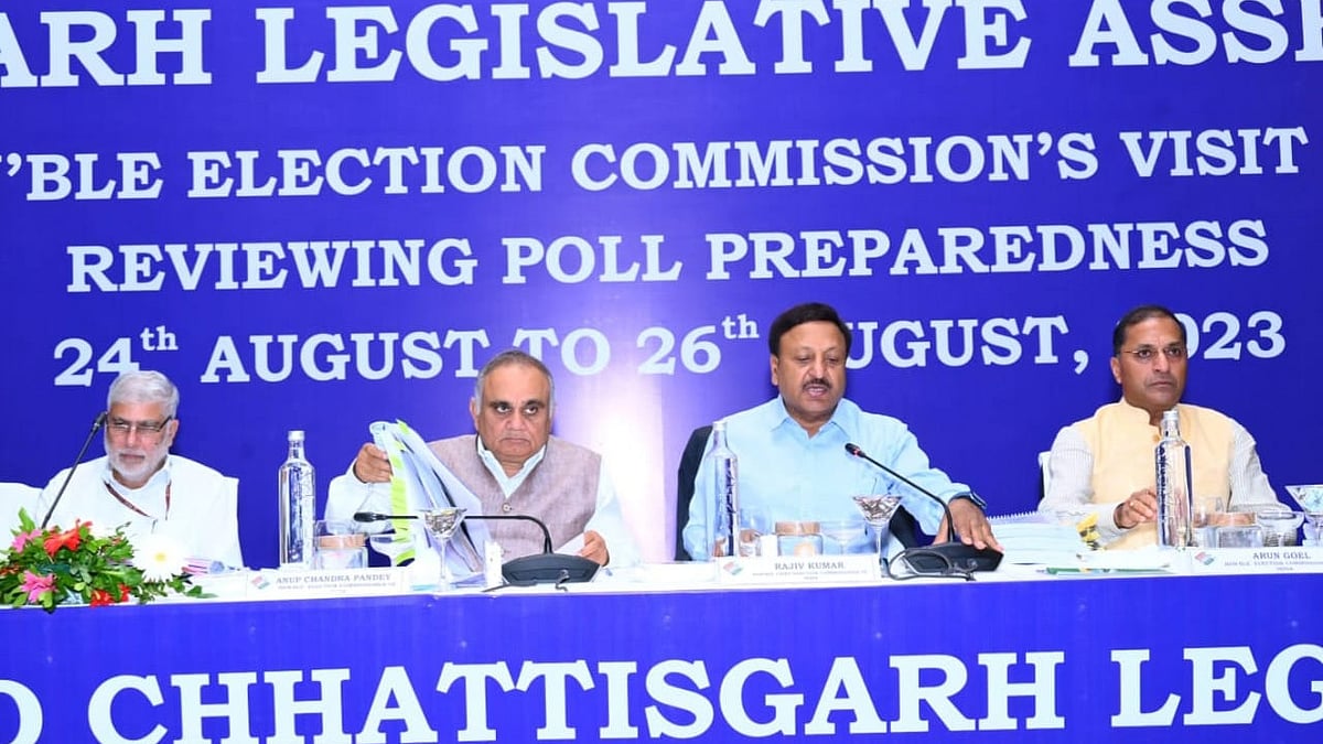 Chief Election Commissioner of India Rajeev Kumar and Election Commissioners Anoop Chandra Pandey and Arun Goyal and others holding review meetings with district collectors and superintendents of police on Friday. | FPJ