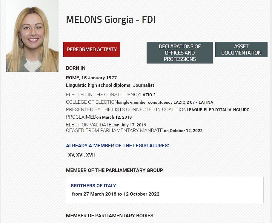 (Image 2): Giorgia Meloni's profile in chambers website.