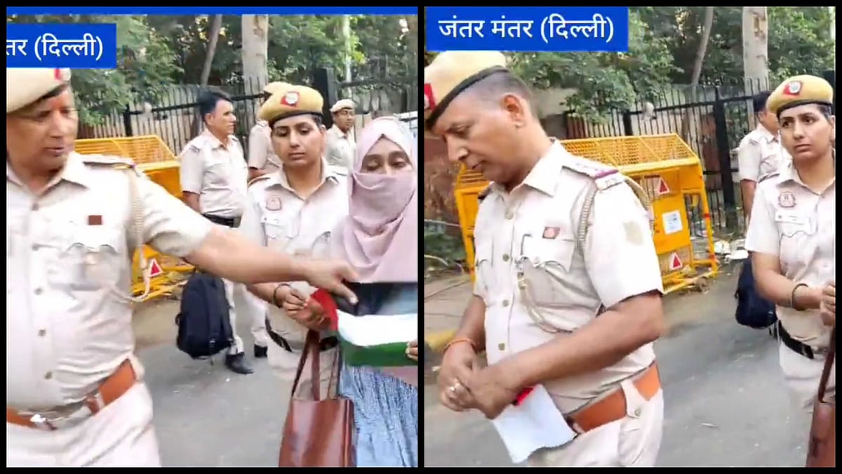 Video: Delhi Cop Tears Palestine Flag After Snatching It From Woman Protesting At Jantar Mantar