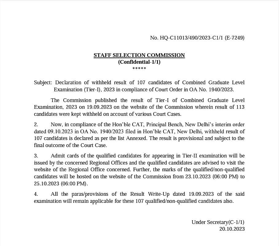 SSC CGL Result 2023: Tier I withheld result out