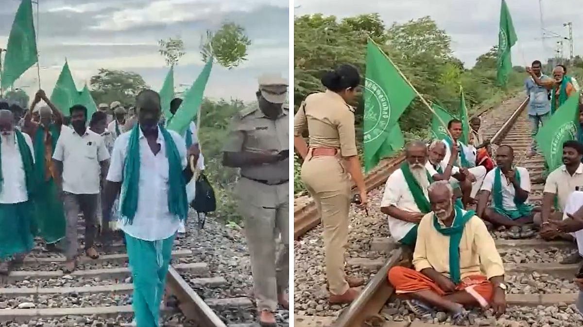 National South Indian River Interlinking Farmers Association held a protest on a railway track in Trichy on October 1 | 