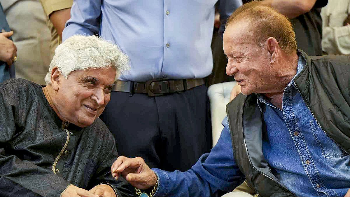 Lyricist Javed Akhtar and Bollywood film producer Salim Khan interact during the Deepotsav programme in Mumbai on November 10, 2023. | ANI