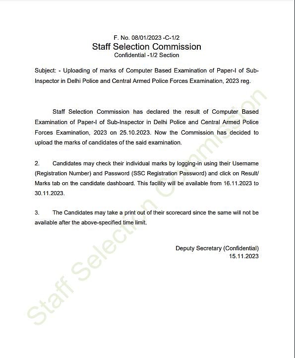 Direct link to download SSC SI in Delhi Police Result 2023 scorecard.