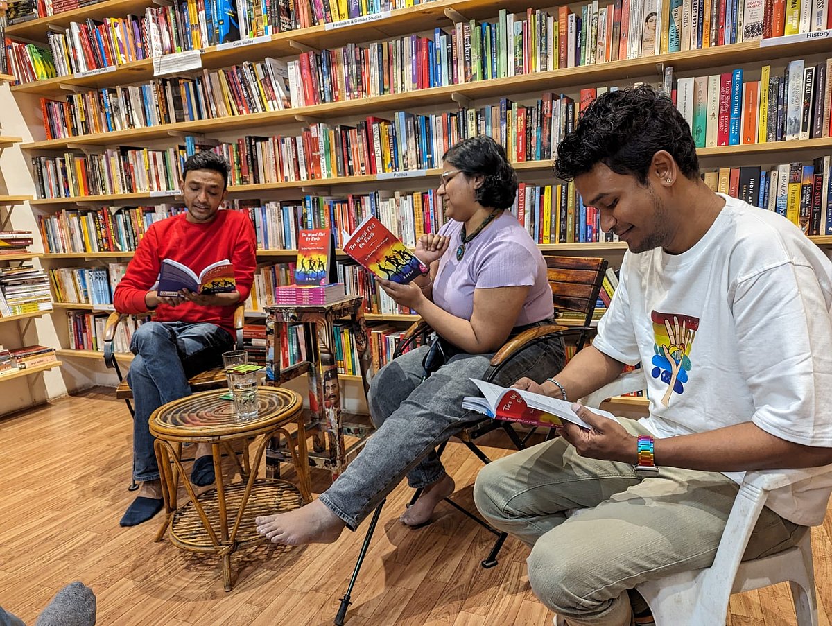 Shyam Konnur, Mr Gay India 2020 and Maharashtra State Coordinator for All India Professionals Congress - Diversity & Inclusion (L) read a few plays from the book