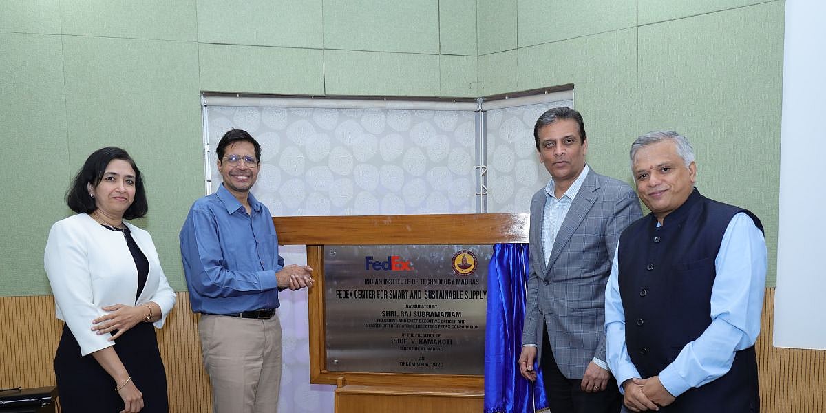 (L_R) Ms. Kami Viswanathan, Prof. V Kamakoti, Mr. Raj Subramaniam & Prof. Mahesh Panchagnula at the unveiling of FedEx Centre of Excellence