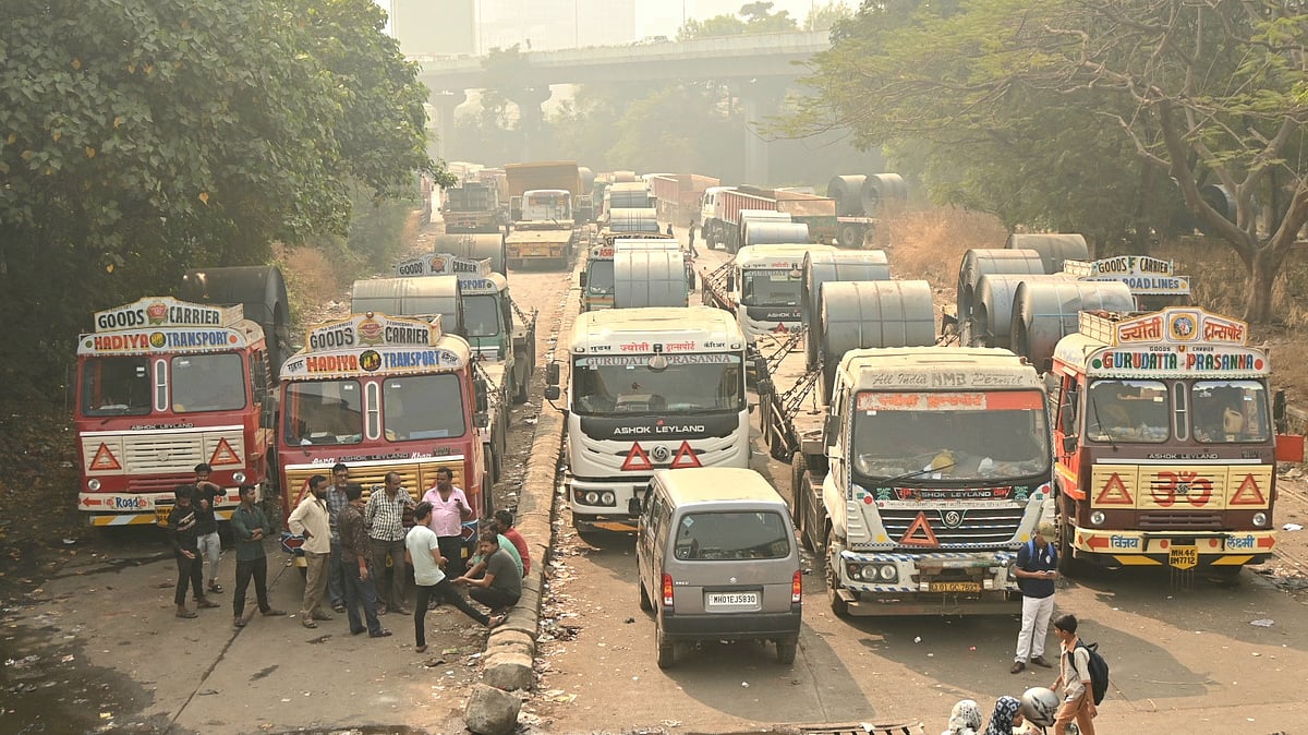 Trucks parked at Sewree BPT Road due to ongoing strike by drivers in the country.