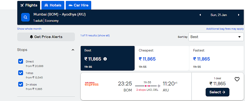 Mumbai to Ayodhya Air India express flight on January 21.