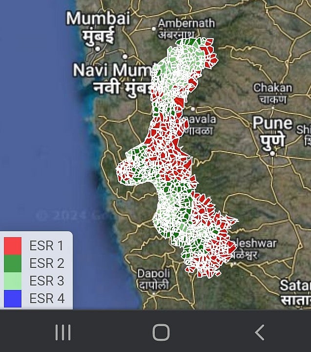 Red areas shows ESR 1 areas in Pune district. Pune city in blue.
