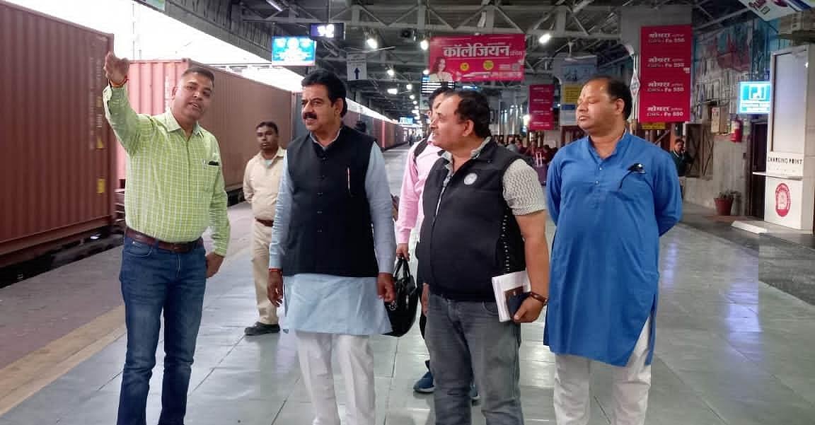 MP Shankar Lalwani inspecting the railway station and other preparations made for foundation stone laying event at the Indore Railway Station.