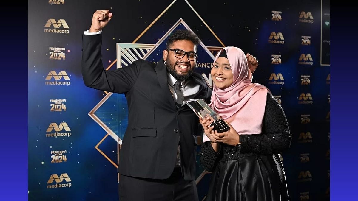 Shireen Halimah (right) and Darshan won the “Best Editing (All Genres)” award. Photo courtesy: Mediacorp.
