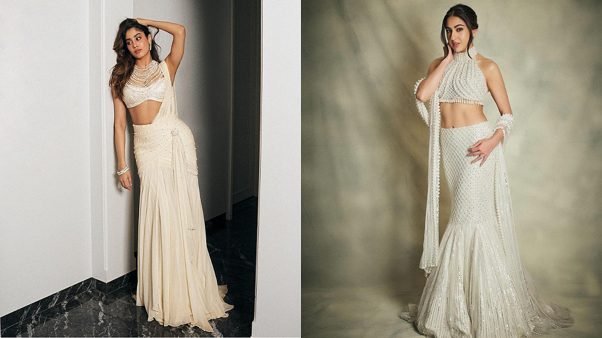 Janhvi Kappor in ivory saree and Sara Ali Khan in peal lehenga