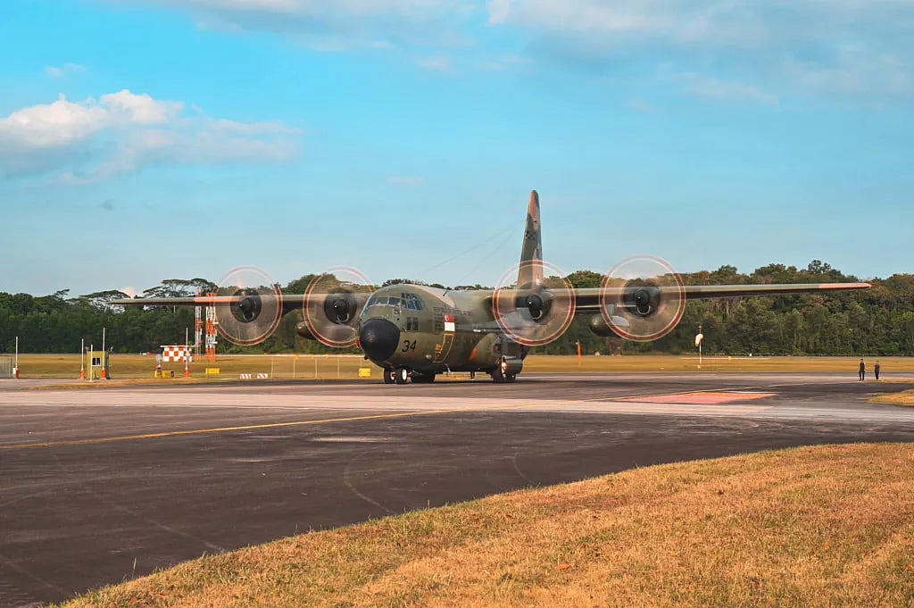 Singapore Air Force C-130 aircraft arriving at Paya Lebar Air Base after two-week deployment in Jordan for Gaza aid. Photo courtesy: Facebook/The Republic of Singapore Air Force
