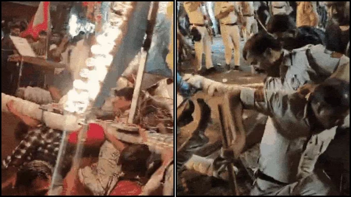(left) Bade Sahab falling over (right) Police helping the trapped personnel | 