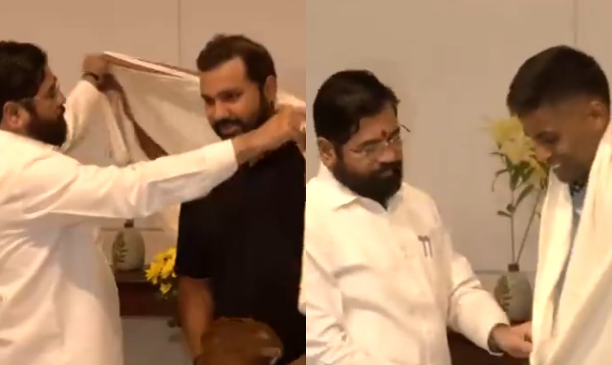 Eknath Shinde felicitates Rohit and Surya. | (Credits: Screengrab)