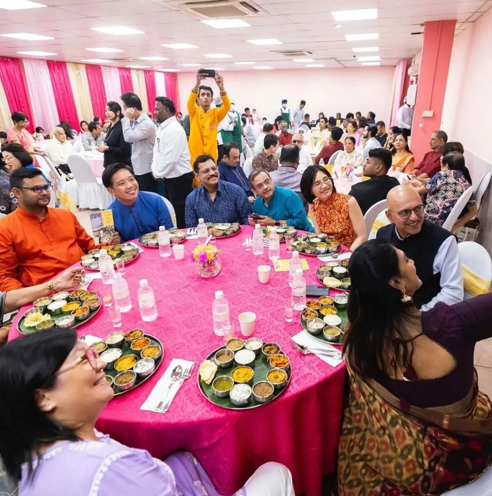 Ananda Bhavan co-proprietor Viren Ettikan (extreme left), minister Alvin Tan (second from left), and Chairman of the Advisory Board of the Indian Heritage Centre in Singapore R Rajaram (second from right) at the dinner. Photo courtesy: Instagram/ alvinshtan