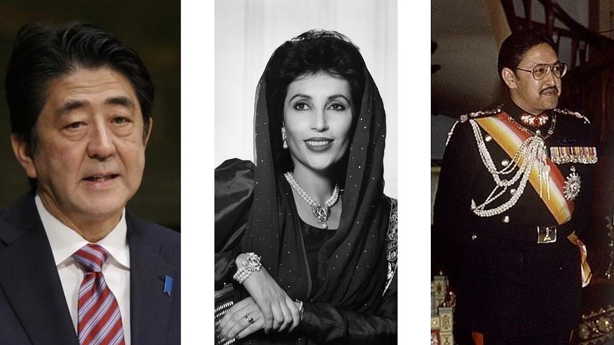 (Left) Former Japanese PM Shinzo Abe, (Centre) Benazir Bhutto and (Right) Nepal’s King Birendra | FPJ