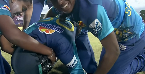 Harshitha Samarawickrama cries after the win. | (Credits: Screengrab)