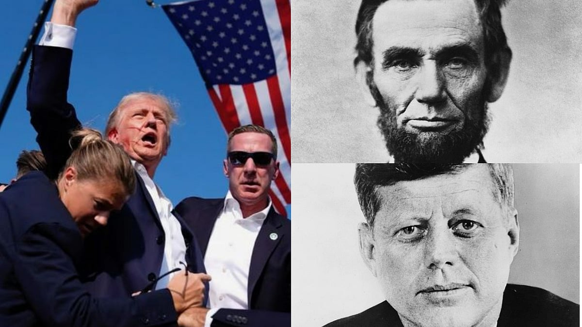 Former US president Donald Trump (left), ex-presidents Abraham Lincoln (top right) and John F Kennedy | 