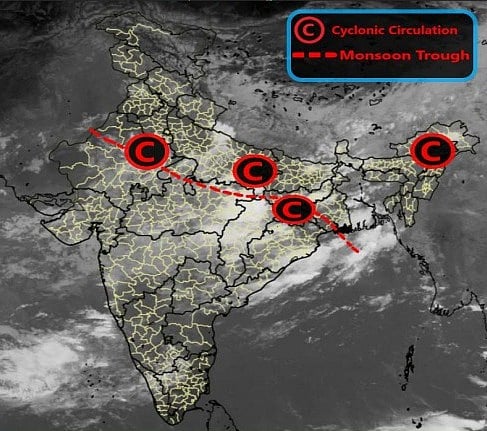 Three cyclonic circulations and an active monsoon trough line over Madhya Pradesh.