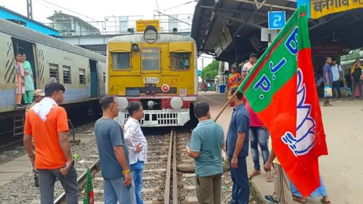 BJP workers holding a rail roko at a station in West Bengal | X (@asliarpita)