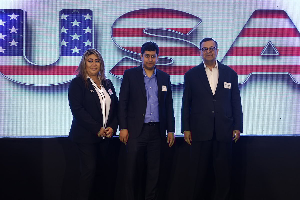 Dr. Chitpasong Vazquez, president and CAO of California Miramar University, Samarth Jain, director of business development, North America at SP Jain School of Global Management and Nitish Jain, president of SP Jain Group during a press conference on August 28, 2024. | 