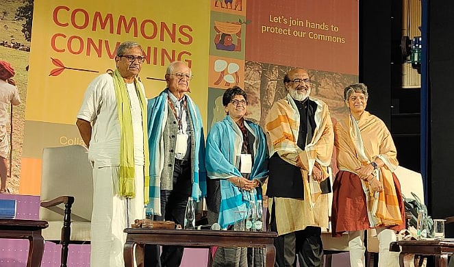 Panelists at the Commons Convening in Delhi on Wednesday, from left to right, Sudarshan Iyengar, noted Gandhian and former vice-chancellor of Gujarat Vidyapith, Ahmedabad, a university founded in 1920 by Mahatma Gandhi; Arun Maira, former member of the Planning Commission of India; Jahnvi Andharia, director and research fellow at the Institute of Social Studies Trust; Thomas Isaac, former Kerala finance minister; and Mekhala Krishnamurthy, professor at Ashoka University. | @CommonsConv